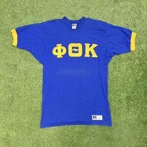 Vtg 80s Russell Athletic Mens L Alpha Phi Omega Fraternity Football T-Shirt USA